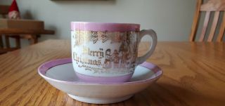 Antique Pink Luster Merry Christmas Dainty Cup & Saucer Set Germany Santa Cup