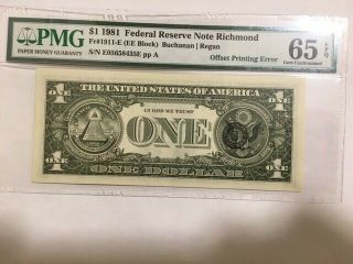 Rare $1 Frn Third Printing Offset Pmg Grade 65