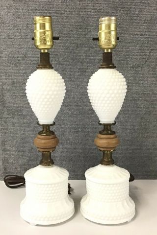 Set Of 2 Vintage Antique White Milk Glass Hobnail Wood Brass Lamps 15 "