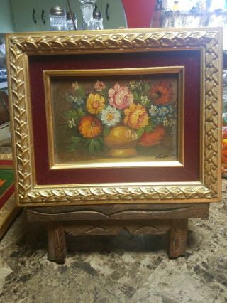 Vintage Oil Painting On Canvas Flowers In Gold Gilt Frame Signed