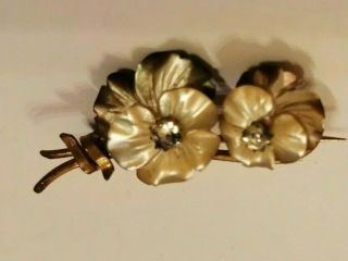 Antique Gilt Metal Set Mother Of Pearl Pansy Brooch With Provenance