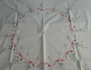 Vintage Hand Embroidered Cotton Tablecloth,  Table Topper - Embroidered Florals