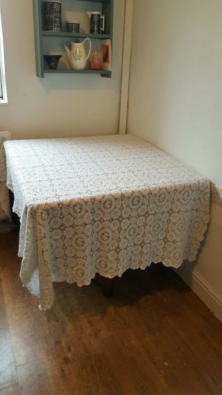 Vintage Large Linen Lace Tablecloth With Scalloped Edging Easter