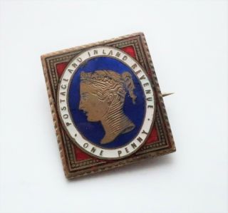 Scarce Vintage / Antique Brass & Enamel Badge Inland Revenue One Penny Stamp