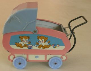 Vintage Tin Litho Ohio Art Co Toy Baby Buggy Carriage Pink & Blue