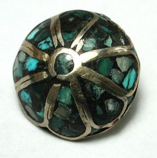 Antique Silver Dome Button W Turquoise Inlays Pretty 5/8 "