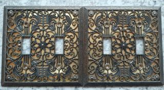 2 Vintage Antique Brass Double Light Switch Plate Outlet Cover Ornate Filigree