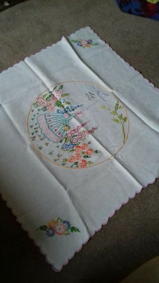 Vintage Crinoline Lady Hand Embroidered Linen Tablecloth - Vgc