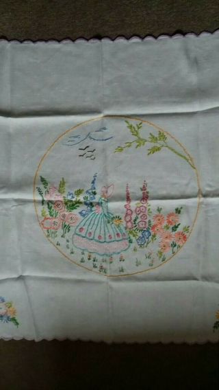 Vintage Crinoline Lady Hand Embroidered Linen Tablecloth - VGC 2