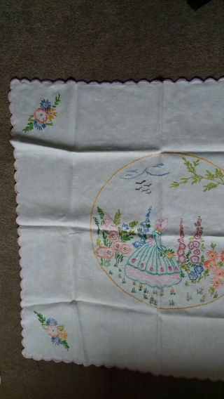 Vintage Crinoline Lady Hand Embroidered Linen Tablecloth - VGC 3