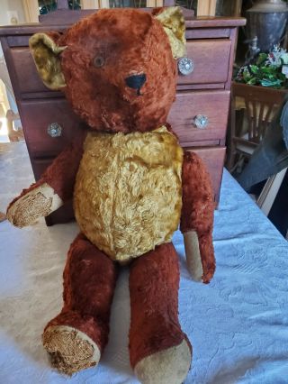 Large Late 1930s Teddy Bear Straw Stuffed Jointed Unbranded Well Loved