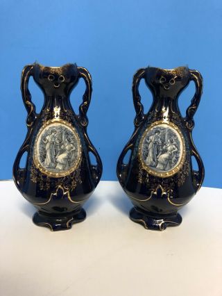 Antique Pair Cobalt Blue Gold Ceramic Porcelain Women Bud Vases 14 7 " High Vgc