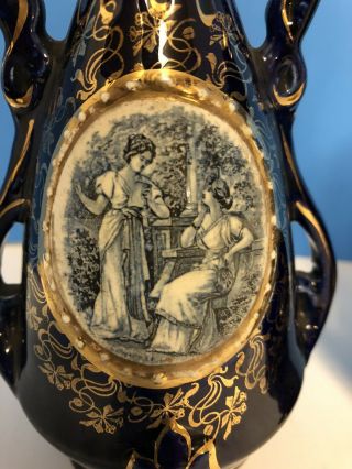 Antique Pair Cobalt Blue Gold Ceramic Porcelain Women Bud Vases 14 7 