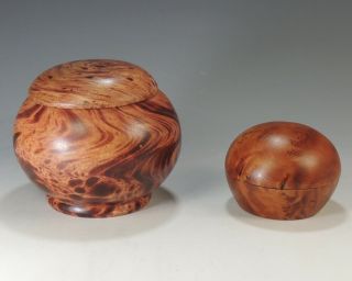 Two Hand Turned Exotic Wood Round Lidded Pots