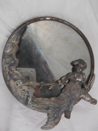 1920 ' S ART NOUVEAU MAN IN THE MOON WITH CHERUB SILVERPLATE METAL TABLE MIRROR 3