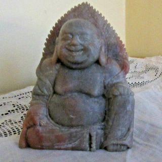 Vintage Happy Buddha Chinese Carved Soapstone Smiling Figurine Sitting 4 "