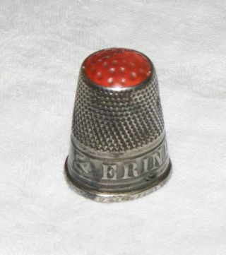 Vintage Antique Erindring Thimble Silver W/ Carnelian ? Stone Top Sterling ?