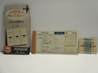 Pioneer Air Lines Ticket Stub And Luggage Claim Checks 1950 Phillips 66 Adv Rare