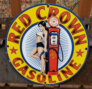 Rare Vintage Porcelain 1938 Red Crown Gasoline Sign Pin Up Ford Chevy Harley