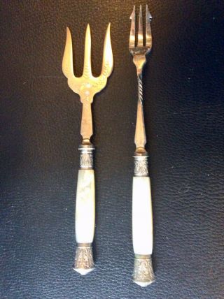 Antique Silver Plate Ornate Serving Forks With Mother Of Pearl Handles