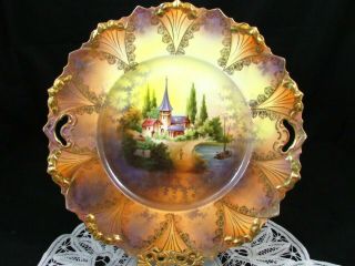 Rare Rs Prussia Castle Scene Decorative Gold Gilt Display Plate
