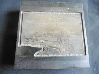 Vintage Letterpress Printing Block Of Mountain And Fishing Boats