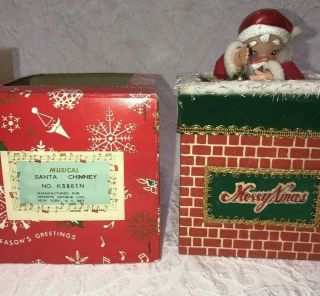 Rare Vintage Hard Plastic Felt Santa In Flocked Chimney Pop Up Musical W/box