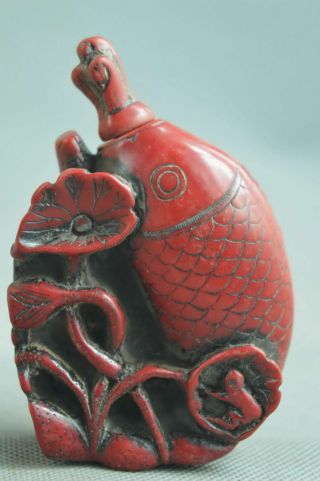 Collectable Handwork Old Coral Carve Cute Goldfish Lotus Lucky Rare Snuff Bottle