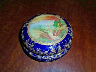 Antique Nippon Scenic Cobalt Blue & Raised Gold Porcelain Powder Box Vanity