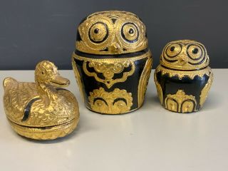 Set Of 3 Black Gold Lacquered Wood Owls Duck Jar Bird Box Burmese Lidded