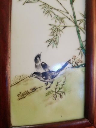 Antique or Vintage Chinese Painted Porcelain Tile Plaque in Wood Frame Signed 3