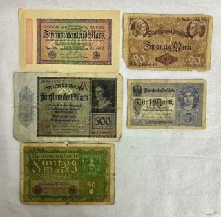 Very Rare 5 / 20 / 50 / 500 And 20,  000 German Marks Bank Notes 1914 - 1923