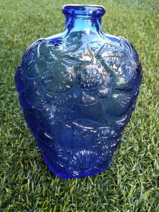 Rare Vintage Cobalt Blue Glass Seashell Design Bottle Vase Decanter 8 1/2 " X 6 "