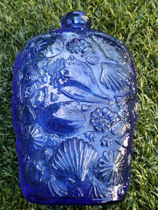 Rare Vintage Cobalt Blue Glass Seashell Design Bottle Vase Decanter 8 1/2 