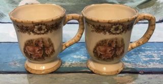 Cracker Barrel Susan Winget Woodland Deer Pedestal Coffee Mugs Set Of 2 Rare