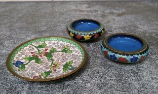 3 Antique Vintage Chinese Cloisonne Floral Trinket Dishes 4 " And 2.  5 "