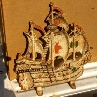 Vintage Cast Iron Galleon Sailing Pirate Ship Door Stop Antique 26