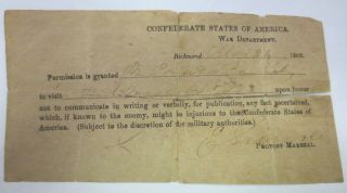 Rare Confederate Civil War Pass And Allegiance Oath March 24,  1863 Richmond,  Va