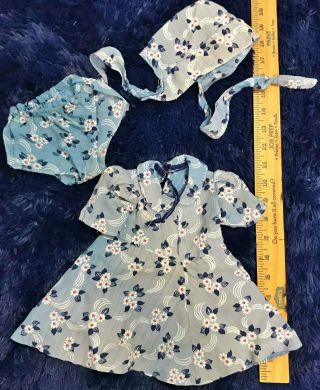 Vtg 1950s 3 Piece Blue Floral Dress Bonnet Panty For 18 " 20 " Baby Doll Fashion