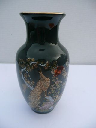 Vintage Japanese Porcelain Vase Peacock Chysanthemums On Black 6 " Tall