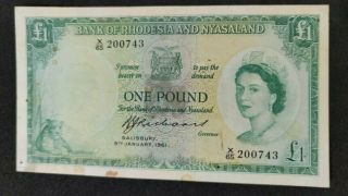 Rhodesia And Nyasaland 1 Pound 1961 Pick 21b Vf Rare Note