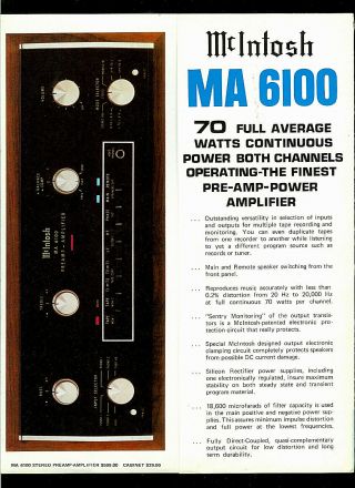 Mcintosh Ma 6100 Power Amplifier Rare Factory Dealer Brochure