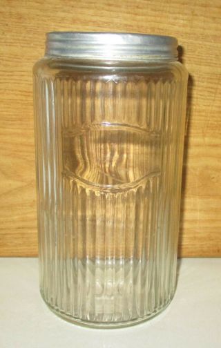 Antique Vintage Ribbed Glass Hoosier Coffee Jar Canister With Aluminum Lid