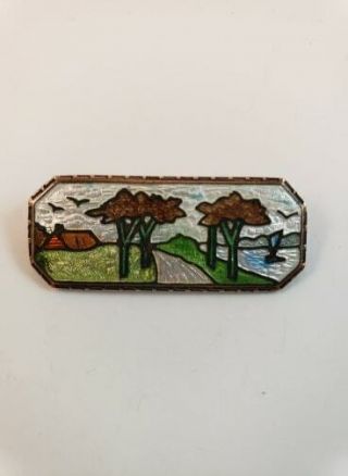 Vintage Antique Scenic Lake Trees Birds Painted Copper Tone Pinback Pin Brooch