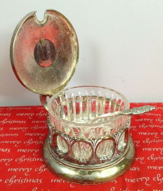 Vintage Silver Plated & Glass Sugar Dish / Bowl With Spoon Made In Italy