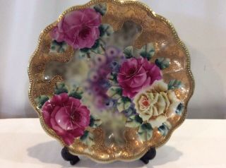 Vintage 10 " Hand Painted Pink And White Rose Floral Gold Scalloped Edge Plate