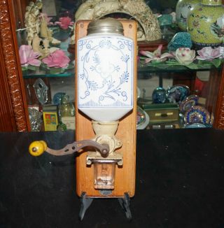 Antique Rare Java Porcelain Glass Cast Iron Wood Coffee Mill Grinder Wall Mount