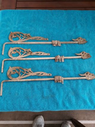 3 Antique Cast Metal Swing Arms Curtain Drapery Rod Victorian Flowers