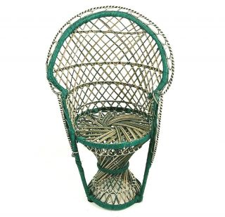 Vintage Green High Back Peacock Fan Wicker Rattan Doll Chair Plant Stand 16 "