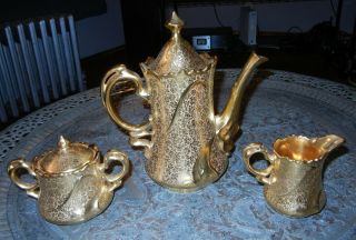 Rare Osborne 22k Gold Tapestry China Cocoa Coffee Pot Creamer Sugar Bowl H922